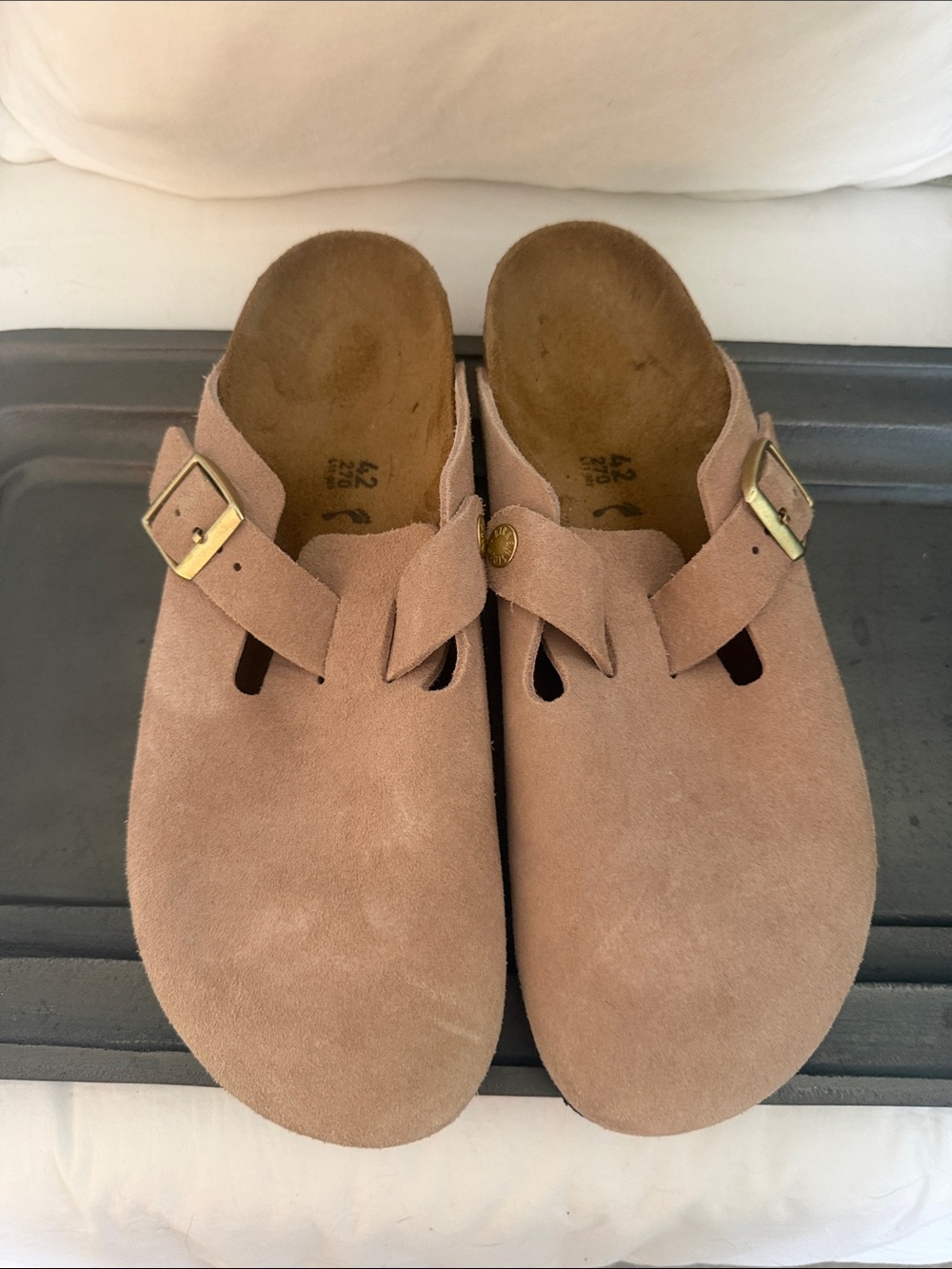 Birkenstock Suede Mules in Dusty Pink with Gold Buckles